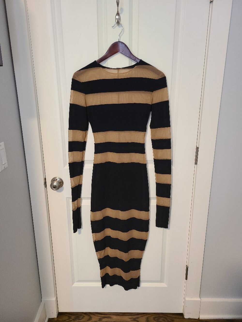 Beige/black stripe/color block long-sleeve bodycon sheer midi dress